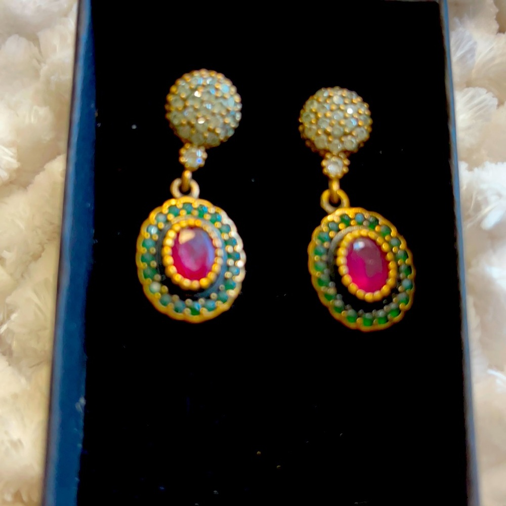 Emerald and ruby Earrings in pave Sterling / gold settings